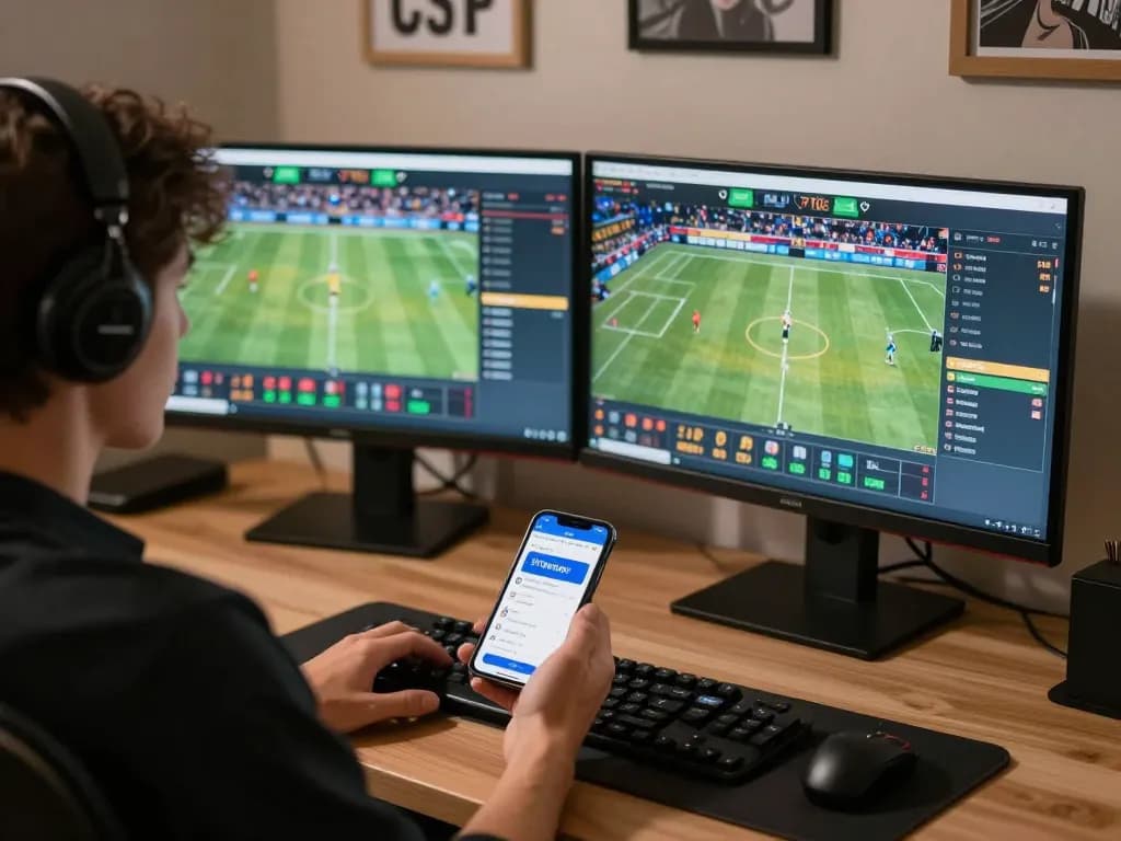 Engaging in sports betting on 77bet through dual monitors and smartphone interface