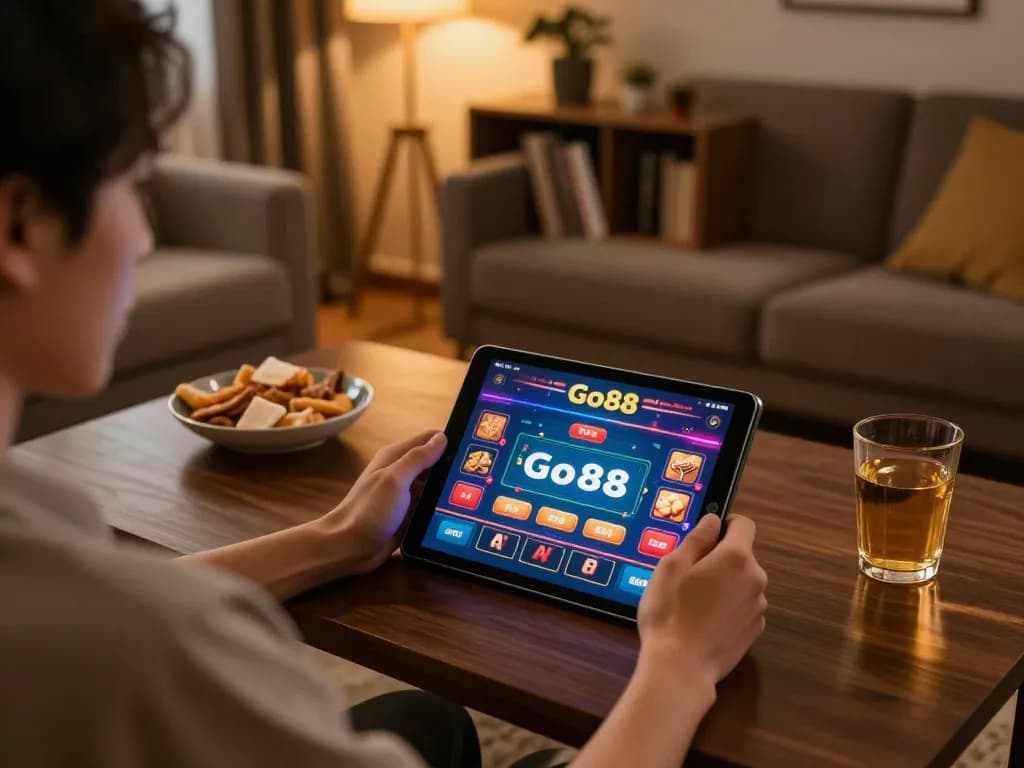 Engaging gameplay on Go88 app displayed on tablet in a cozy home environment.