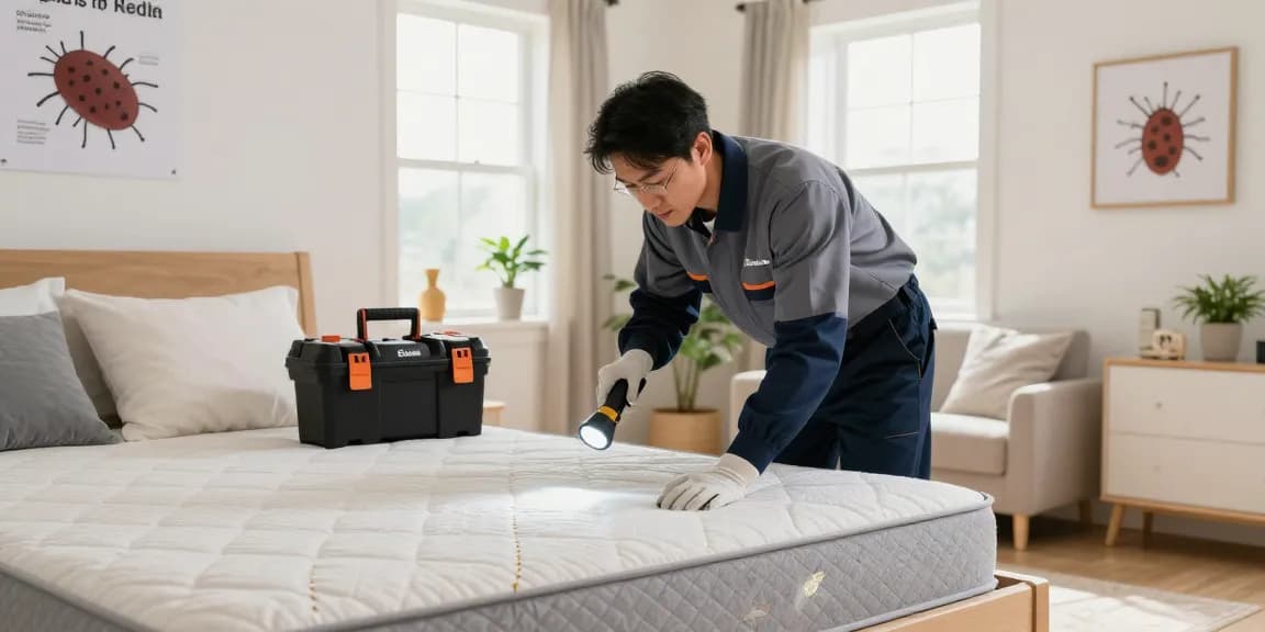 Professional pest control technician inspecting a bedroom for bed bug pest control, ensuring home safety and comfort.