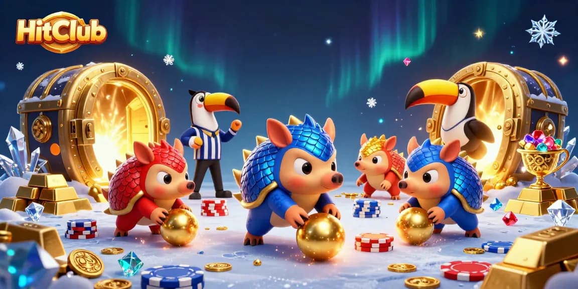 HitClub pangolins bowling through poker chips in vibrant 3D scene.