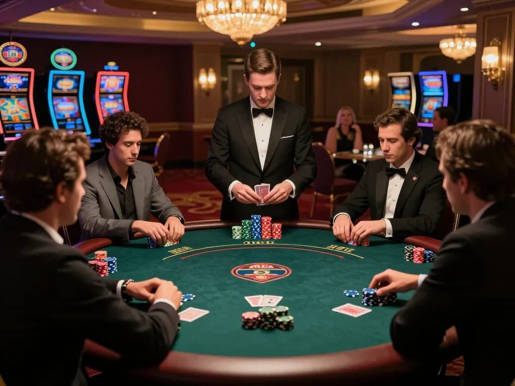 High-stakes poker action at f8bet casino, showcasing players in strategic gameplay with colorful chips.