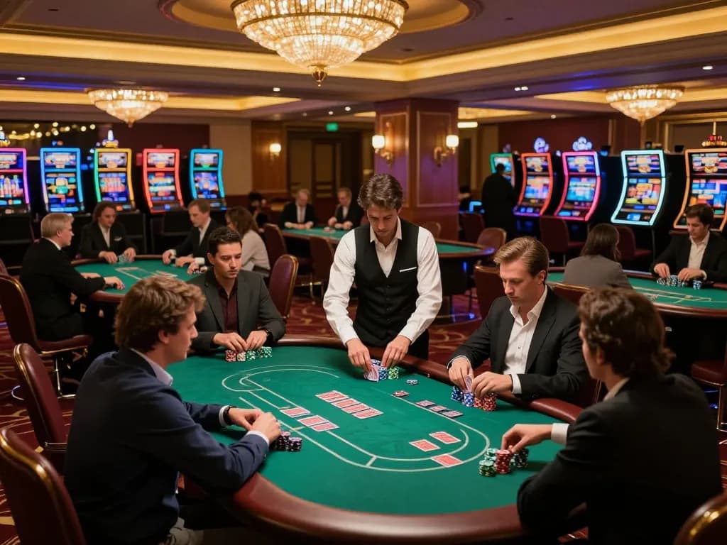 Players engaging in strategic poker gameplay at an upscale casino using 1gom links for safe access to betting.