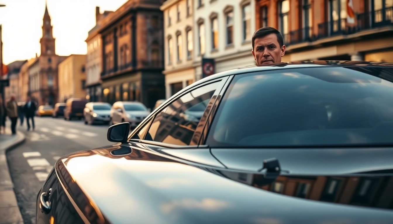 Chauffeur Nottingham waiting by a luxury sedan in Nottingham's historic streets.