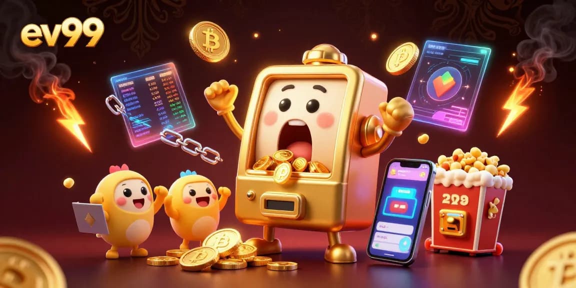 ev99 slot machine hits jackpot, surrounded by crypto coins and colorful elements