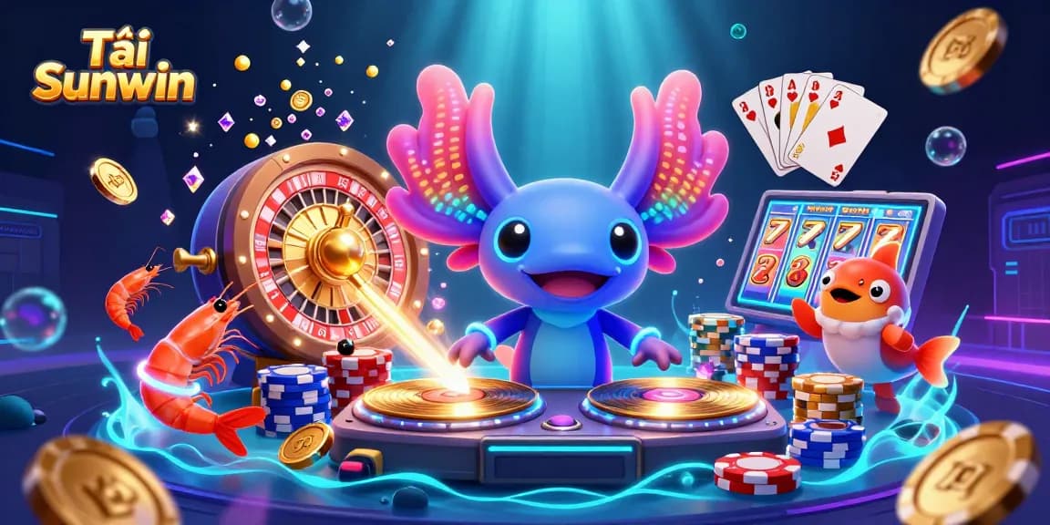 Tải Sunwin illustration featuring a vibrant 3D scene with a neon axolotl DJ, glowing shrimp dancers, and a hype-man blowfish in a dynamic casino underwater setting.
