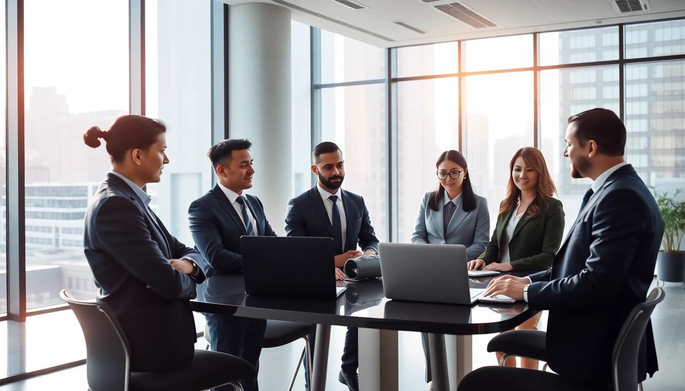 Security agency team collaborating in a modern office, emphasizing professionalism and teamwork.