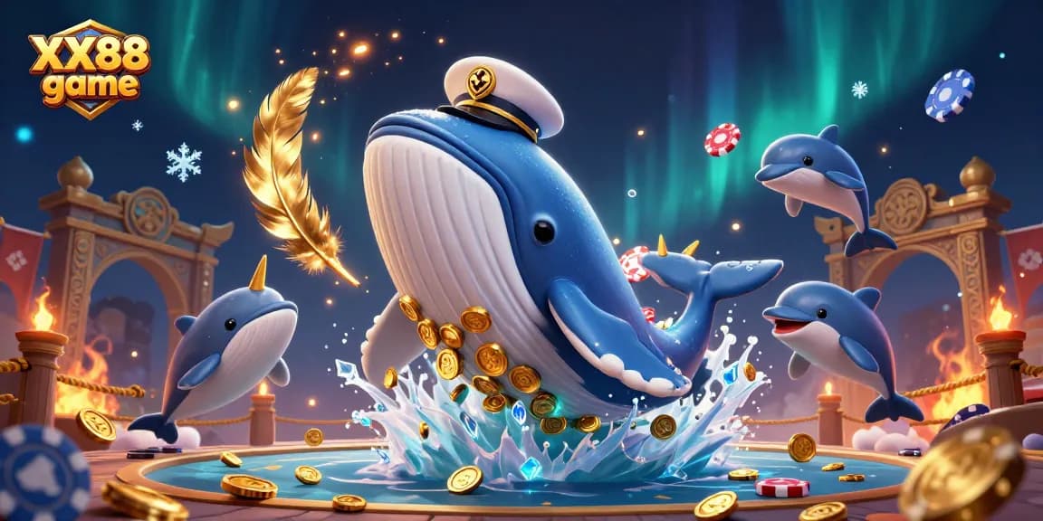 Experience excitement with XX88 game featuring a whale, narwhal, and dolphins in a sea of coins!