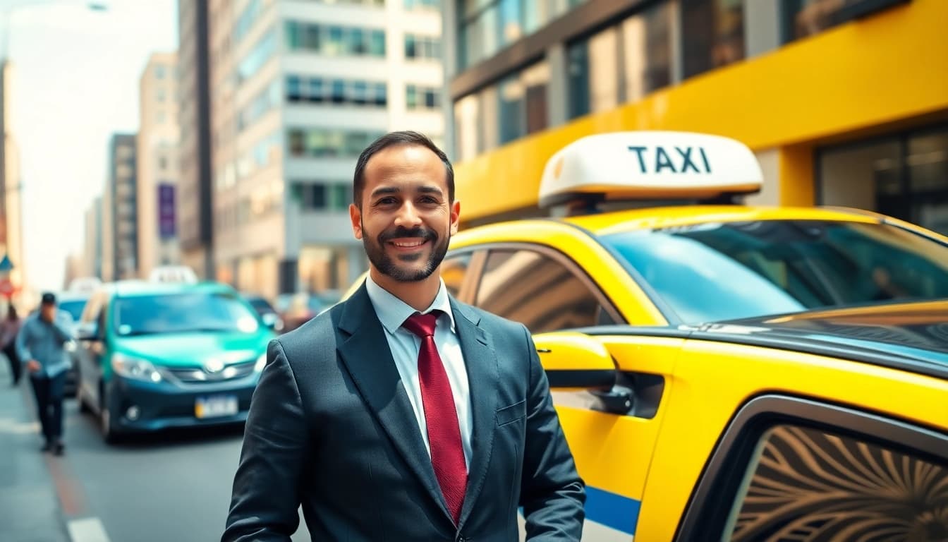 Sheerwater taxi driver smiling beside a vibrant taxi in a busy urban setting.