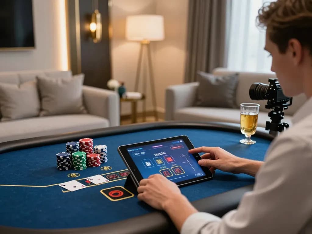 vin88 player engaging in blackjack on a tablet within a sophisticated online casino setup
