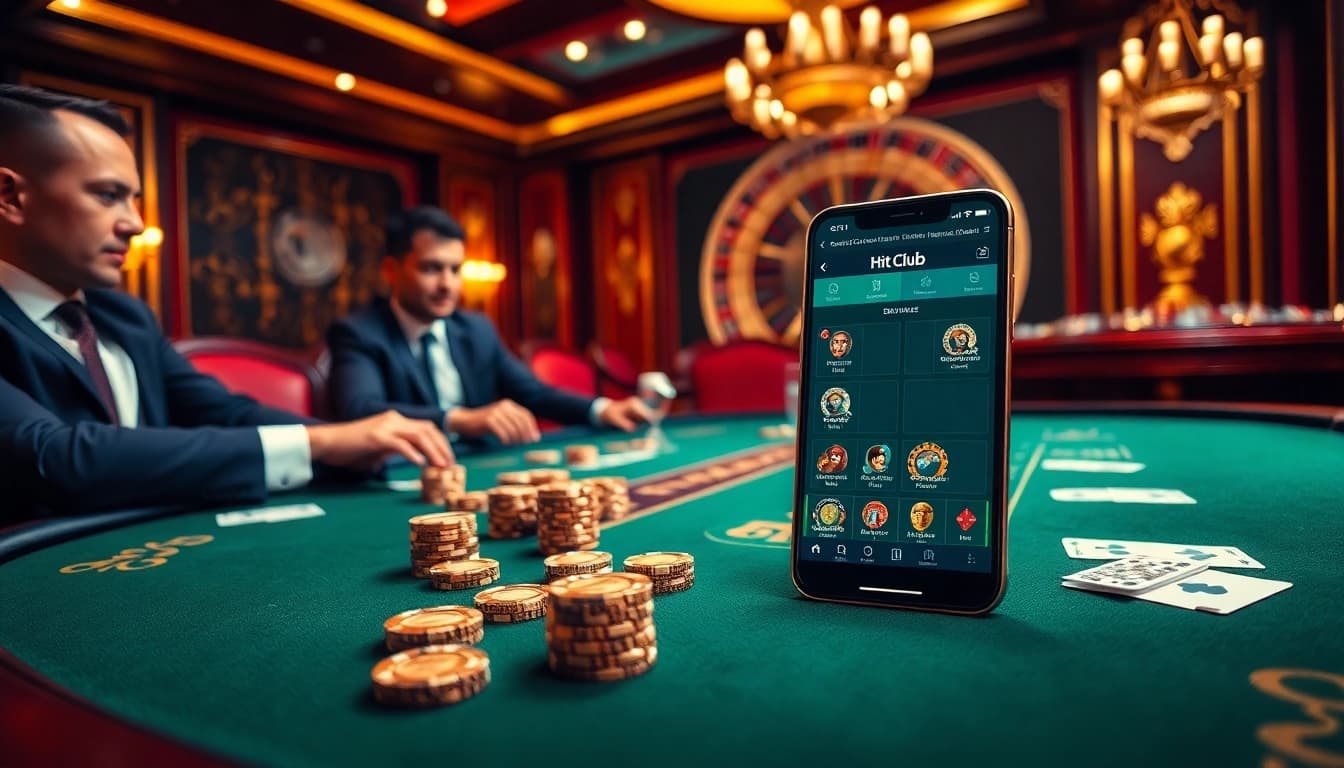 Hit club players enjoying a high-stakes poker game with vibrant casino atmosphere.