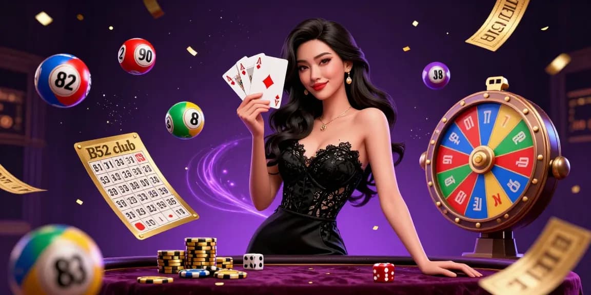 B52 club engages players with vibrant gambling elements and a stunning dealer illustration.