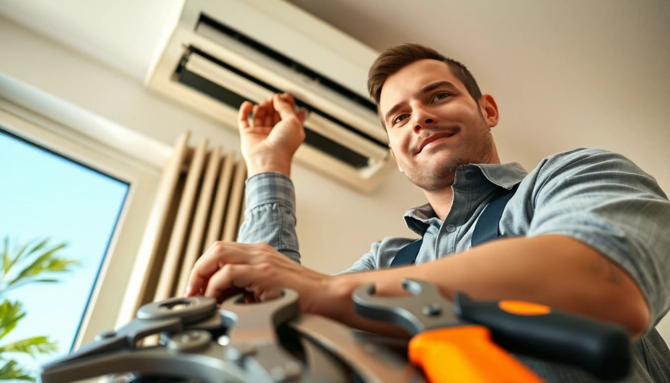 Expert technicians providing AC Repair Tampa services with professional tools and a clear sky backdrop.