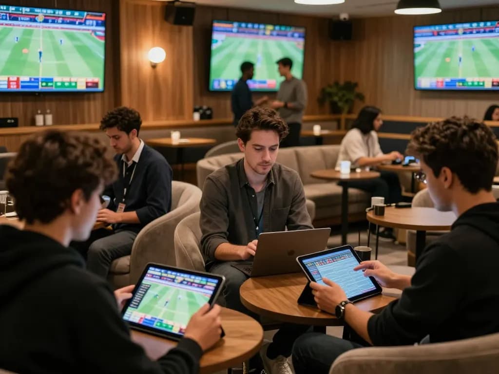 Experience nhà cái uy tín SC88 with friends strategizing in a vibrant sports betting lounge