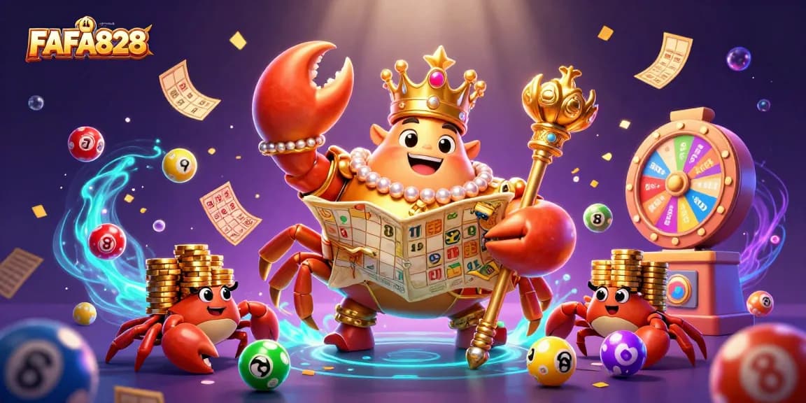 FAFA828 offers a vibrant casino scene with a golden crab emperor surrounded by colorful gambling elements.