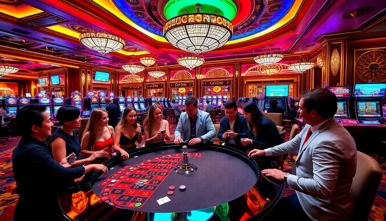 Players engaging in a lively casino atmosphere featuring lc88 .bio promotions and vibrant gaming elements.