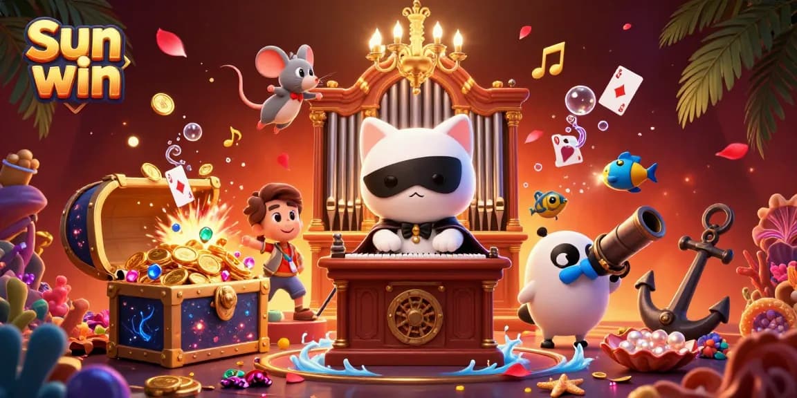Experience thrilling slots at Sun win with a dazzling 3D illustration of a phantom cat and casino elements.