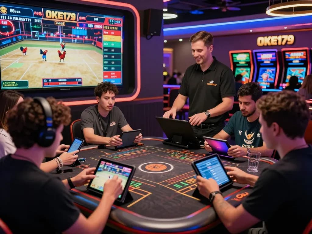 Exciting betting experience at OKE179 showcasing dynamic gameplay, players engaging in live cockfighting and casino games.