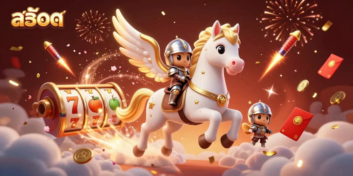 Engage in สล็อต fun with a 3D scene featuring a horse, knight, and slot reels