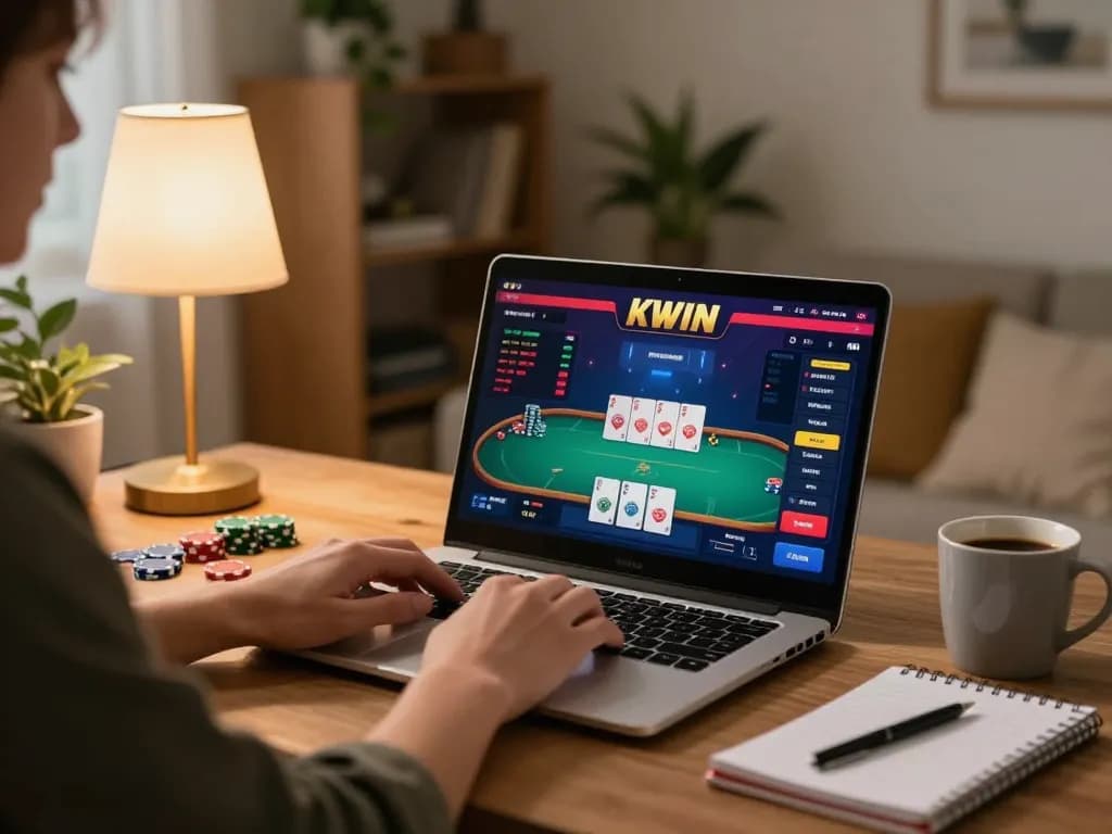 Kwin player engaging with online casino poker game on laptop in a cozy home setting