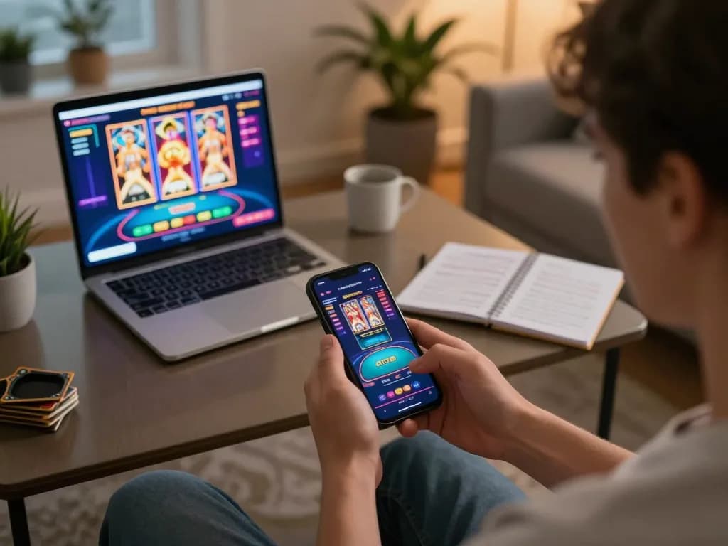 Engaging in online casino gaming with 7mcn app while tracking strategies in a cozy home setup
