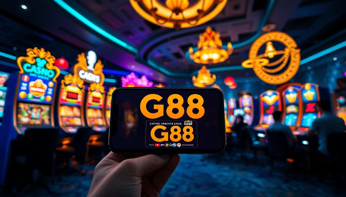 Tải g88 app on smartphone amidst vibrant gaming scene with players.
