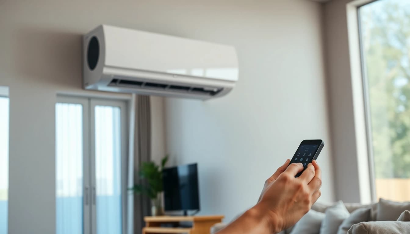 Showcase a mini split ac system in a modern living room, enhancing comfort and style.