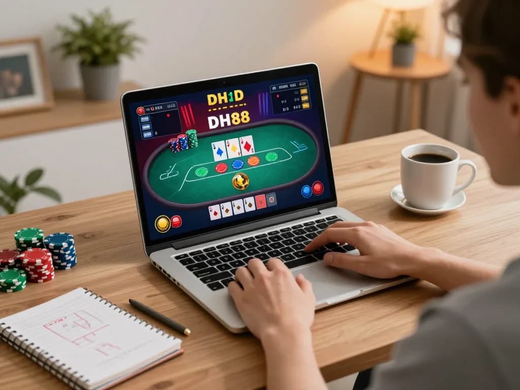 A player engages in an exciting DH88 poker game online, showcasing strategic moves and vibrant gameplay in a cozy home setup.