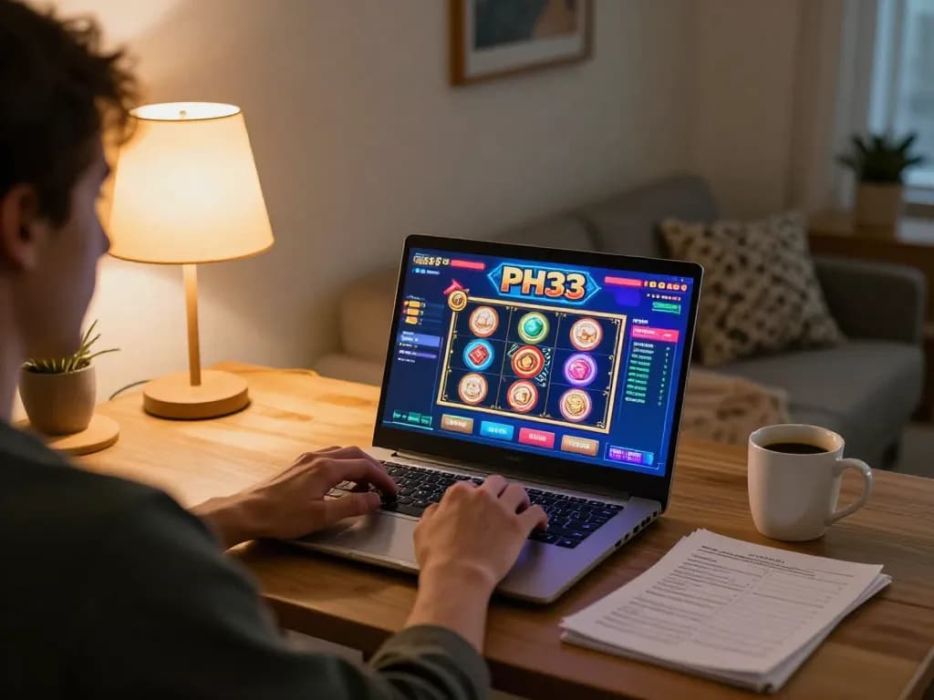 Player enjoying a game at PH33 casino on a laptop in a cozy home setting, emphasizing online gambling experience.