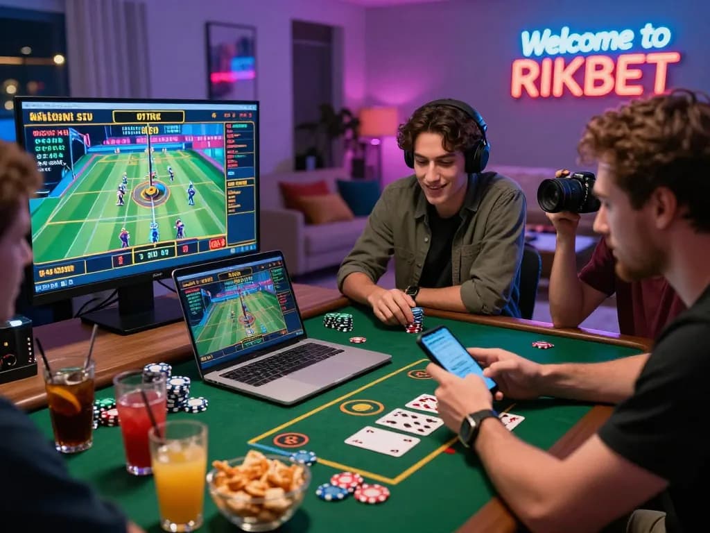 Diverse friends enjoying a vibrant online betting experience at https://rikbet.in.net/ with live casino games and dynamic atmosphere.