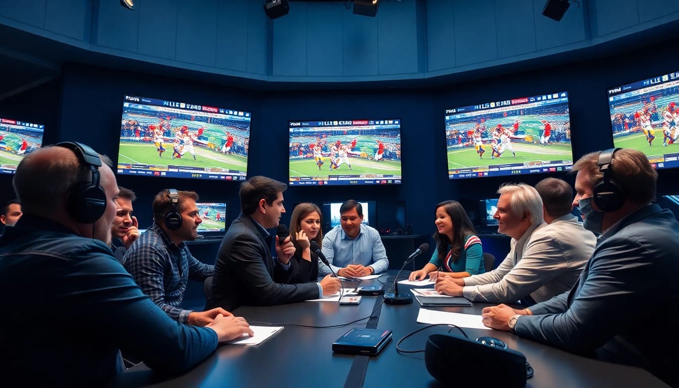 Engaging sports broadcasting commentators in a modern studio setting with live events on screens.
