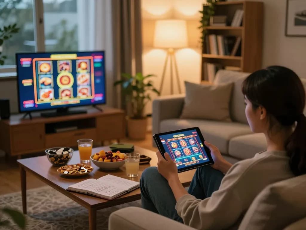 Engaging in online gaming at https://play-hbet.com/ from a cozy home setting, showcasing a tablet with casino interface and snacks