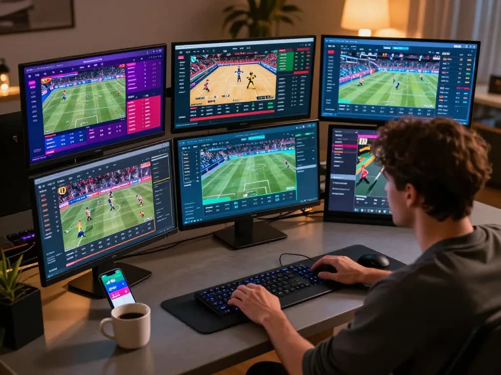 Experience live sports betting with the 79win app on multiple screens in a cozy setup