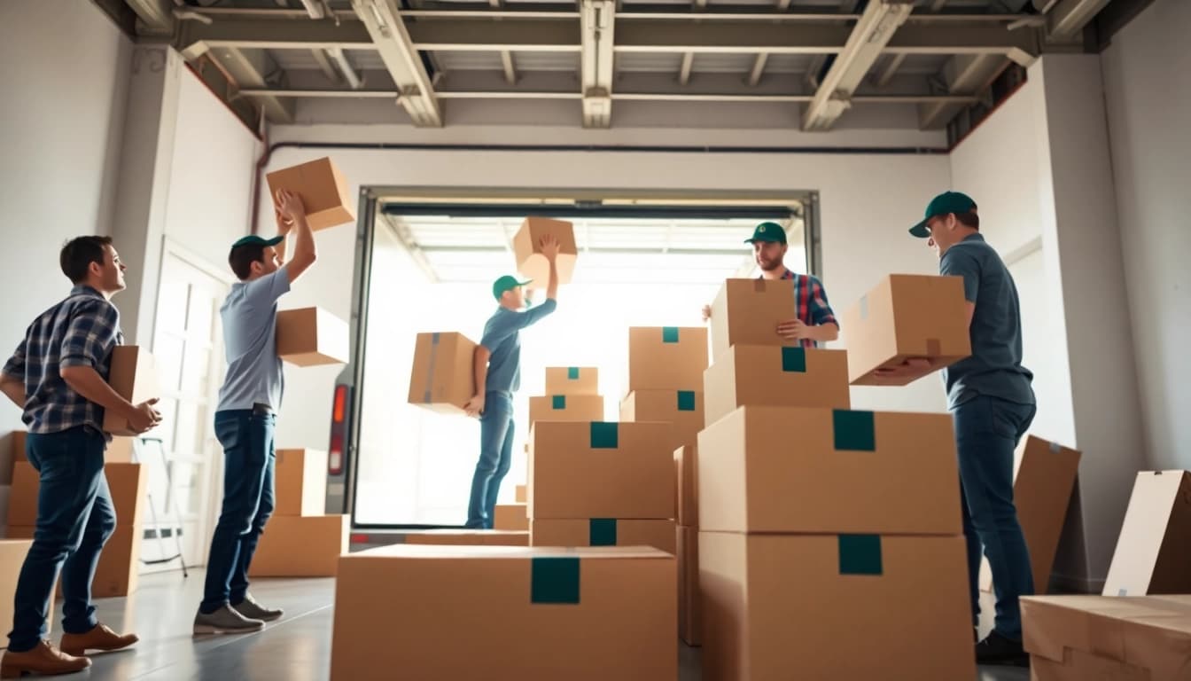 Moving companies calgary team efficiently packing boxes for a transfer in a bright indoor environment.