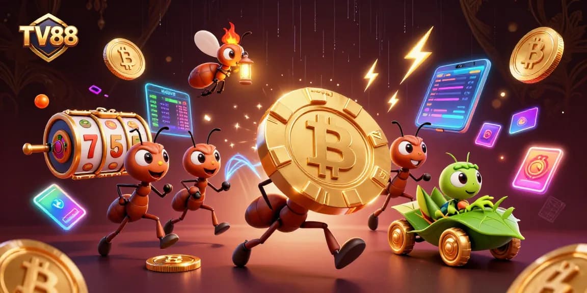 Engage with TV88's exciting casino adventure featuring ants, poker chips, and vibrant crypto elements.
