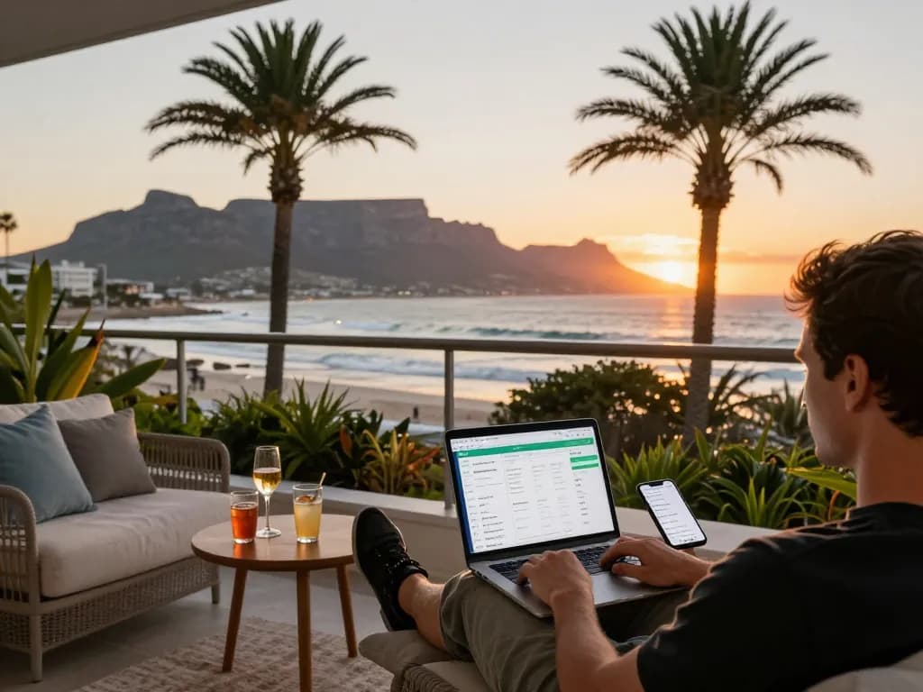 Airbnb management Cape Town host monitoring bookings from a scenic balcony