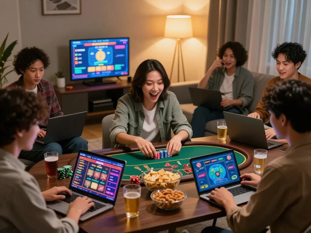 Friends celebrating a winning moment while playing online poker at home using 789WIN casino app.