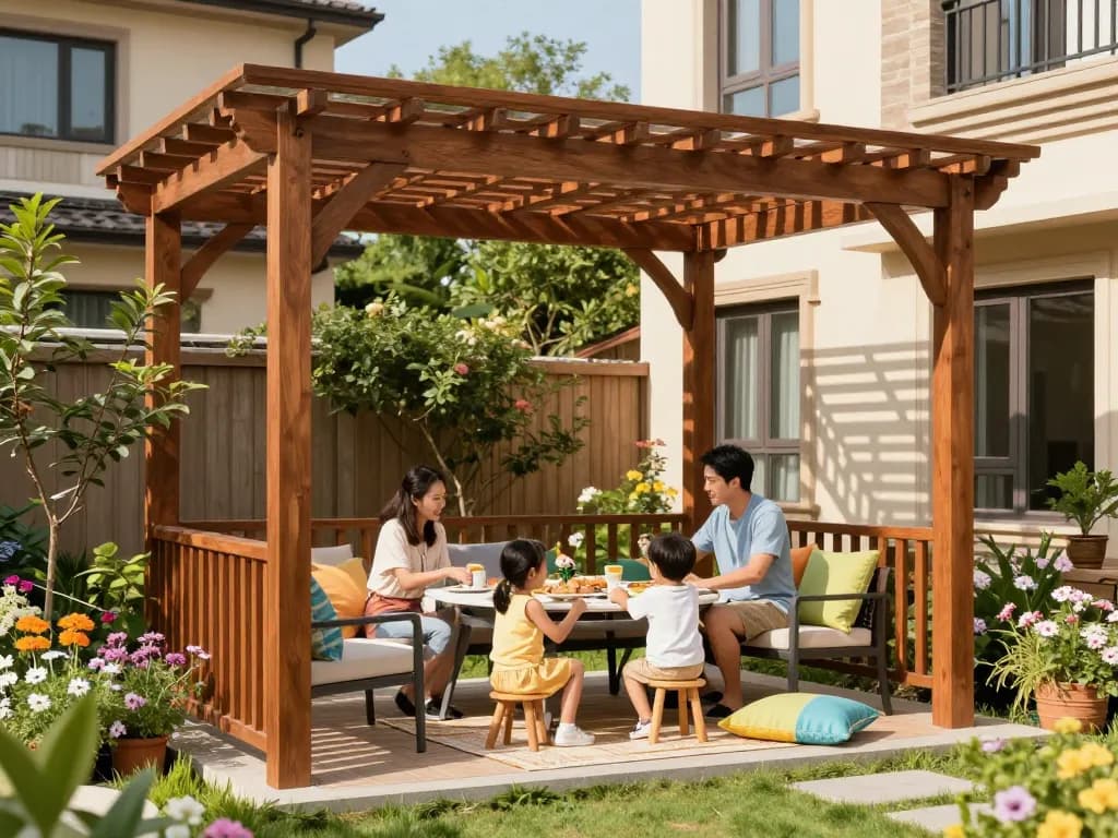 Family enjoying outdoor living under a pergola configurator design, vibrant garden backdrop.