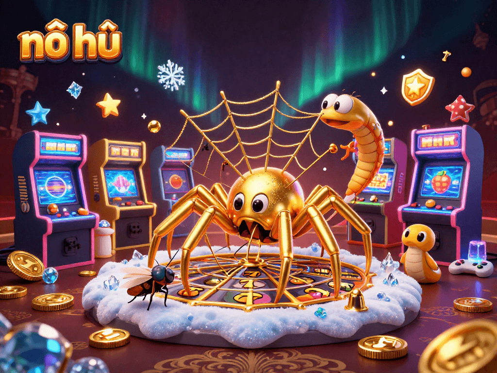 Experience nổ hũ excitement with a vibrant 3D illustration featuring a golden spider and slot machine.