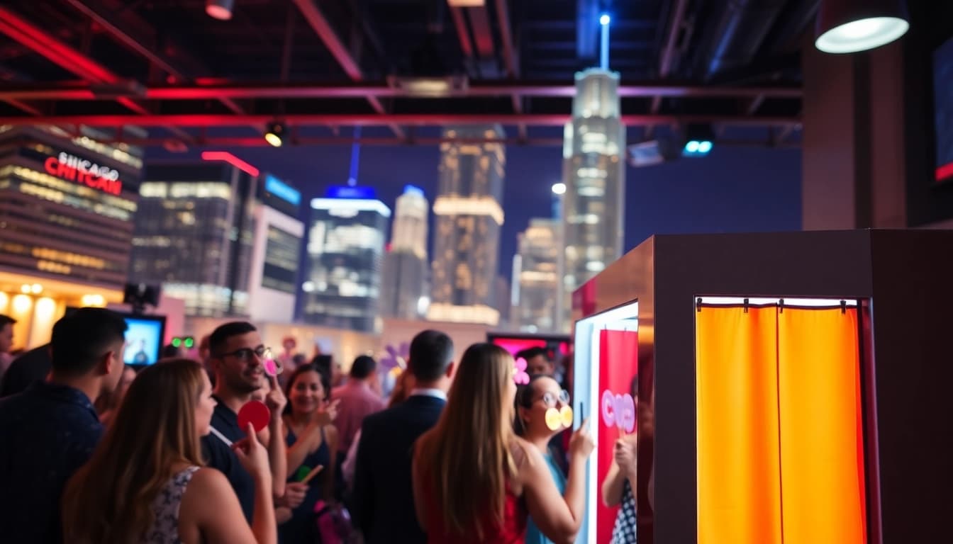 Capture the joy of photo booth rental Chicago at a festive event with vibrant lighting and colorful props.