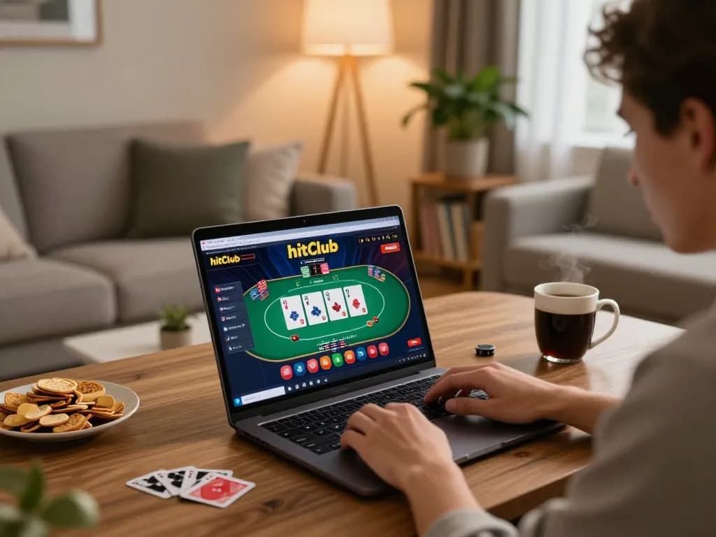 Player enjoying hitclub online casino gaming with laptop in modern living room setting.