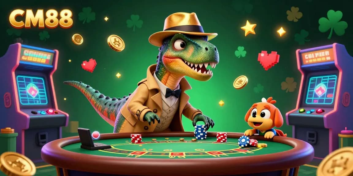 CM88 velociraptor card counter sneaking into a casino scene with colorful gaming elements.