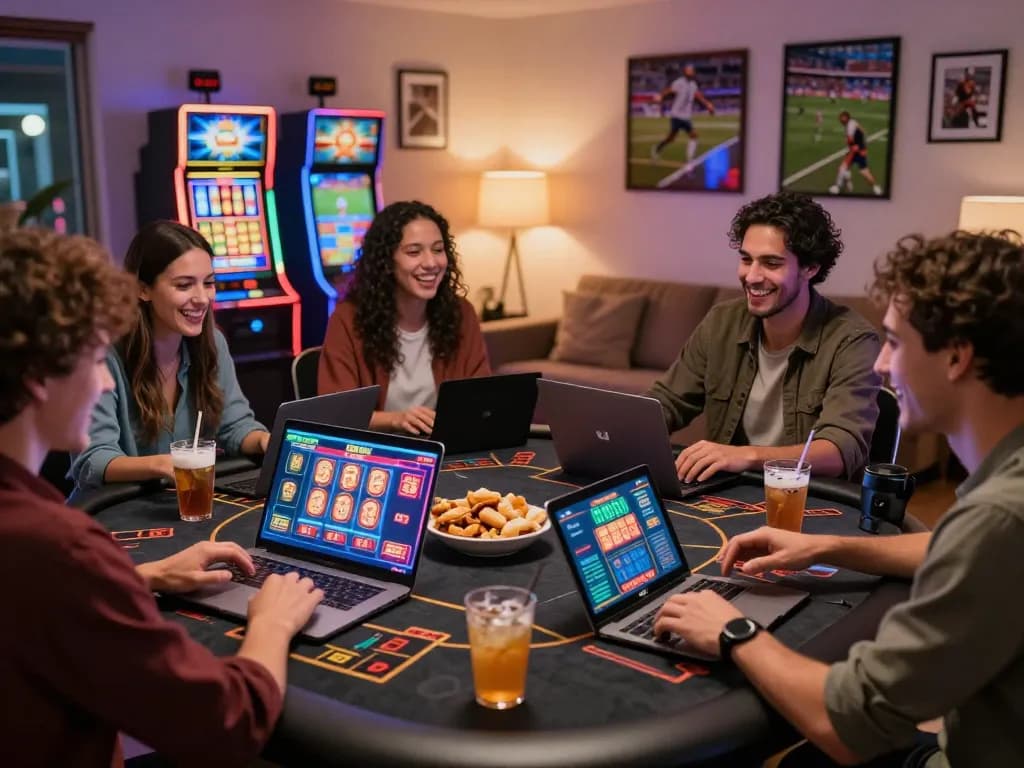 Friends enjoying online gaming at TG88 casino in a vibrant living room setting.