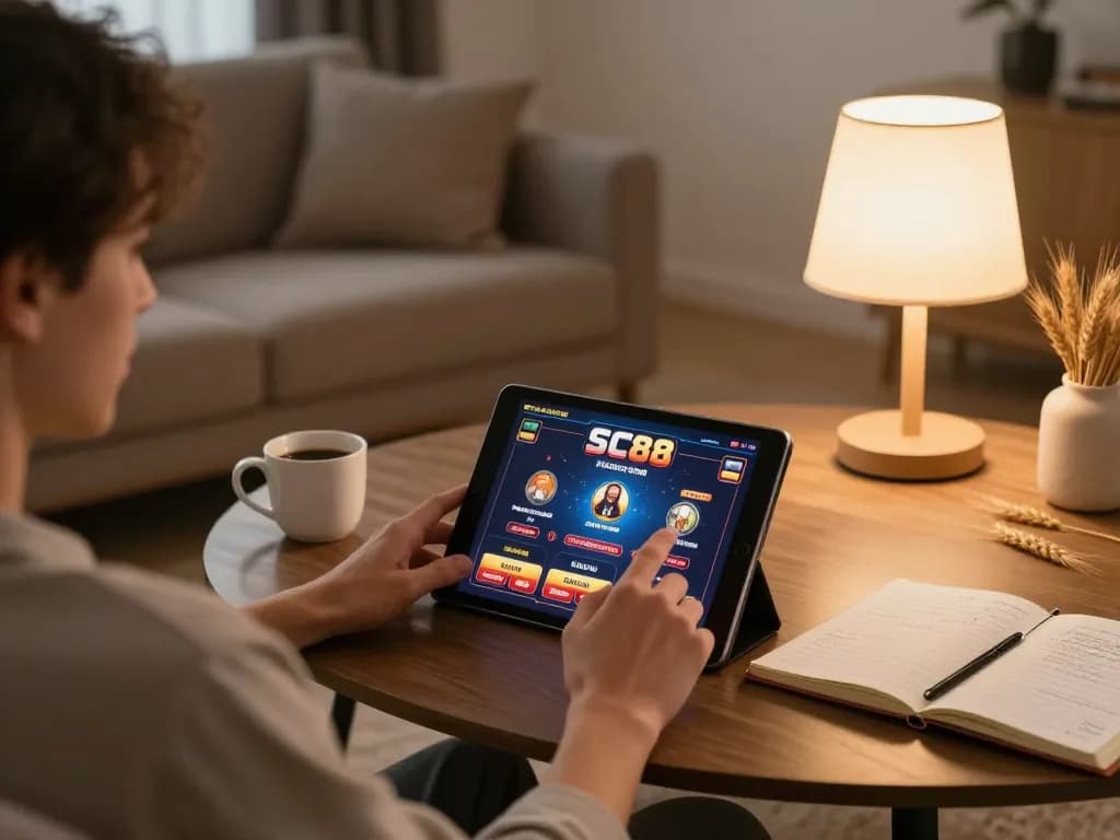 Engaging in online SC88 casino games at a home setup with strategic notes and cozy ambiance.