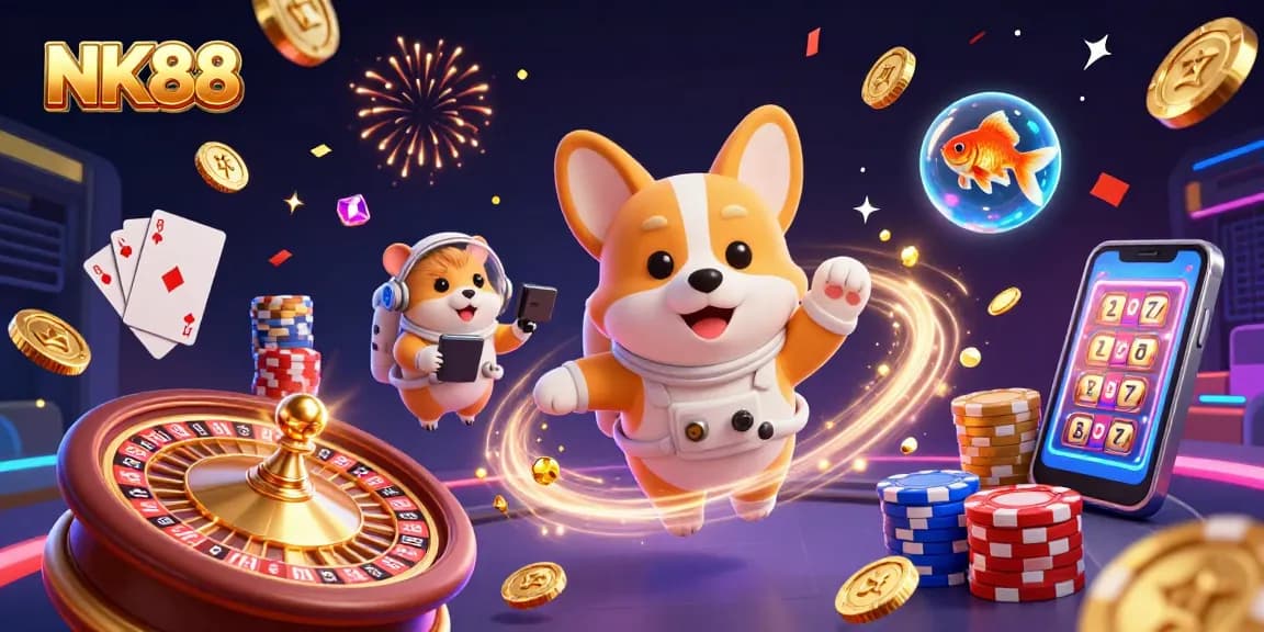 Experience thrilling casino adventures at NK88 with a cartoon astronaut corgi in a vibrant space station.