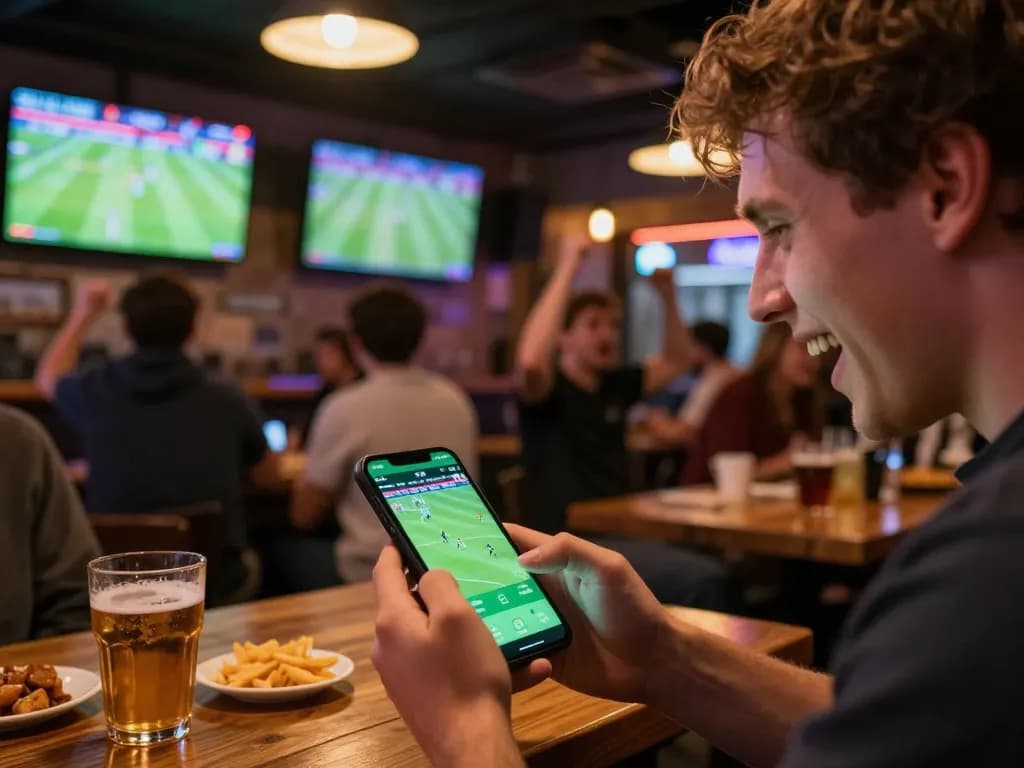 Person using smartphone for soccer predictions in an exciting sports bar atmosphere