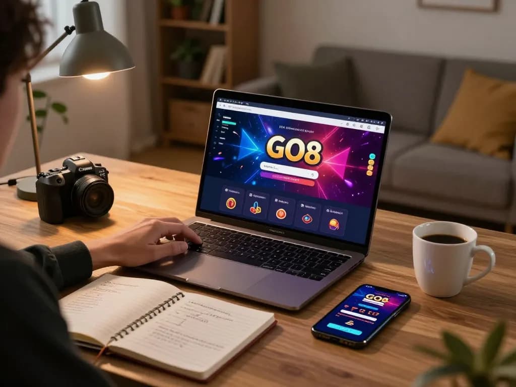 Engaging in GO8 đăng nhập on a laptop showcasing vibrant casino graphics in a cozy home setup.
