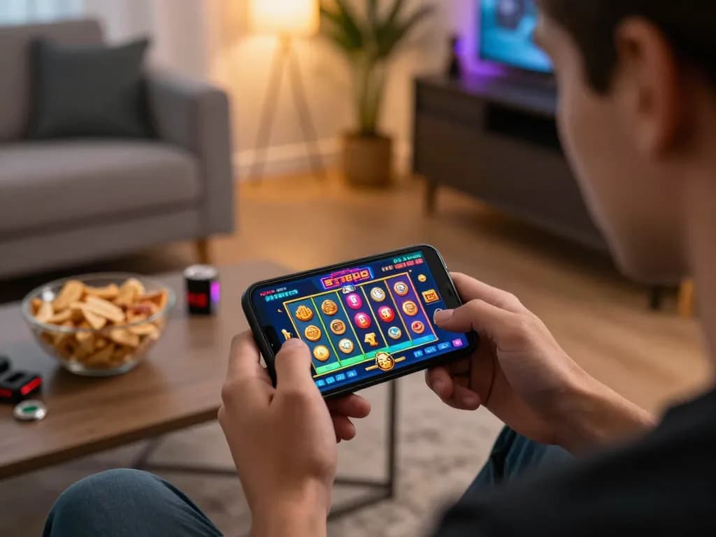 Player enjoying mobile gambling on the hbet app while watching colorful slot reels.
