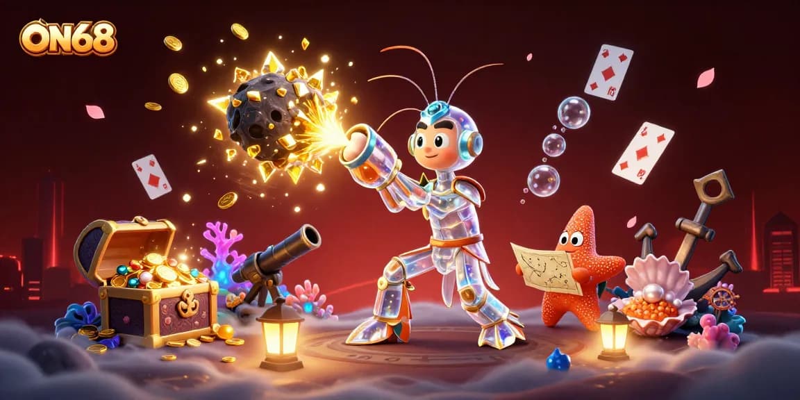 Experience the thrill of ON68 as the galactic samurai mantis shrimp releases golden coins in this vibrant casino illustration.