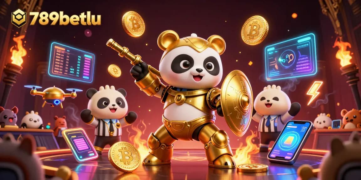Engage with 789betlu's captivating online casino scene featuring a vibrant mech-suit panda amid glowing cryptocurrency elements.