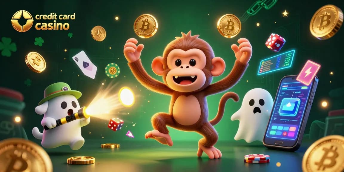 Engage with the credit card casino scene as a playful monkey juggles gold items in a haunted atmosphere.